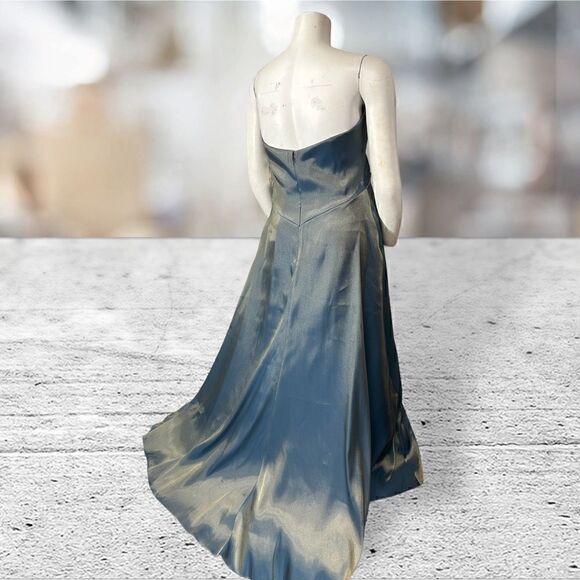 Rene Ruiz Metallic Shine Blue Gold Strapless Gown - Picture 6 of 8